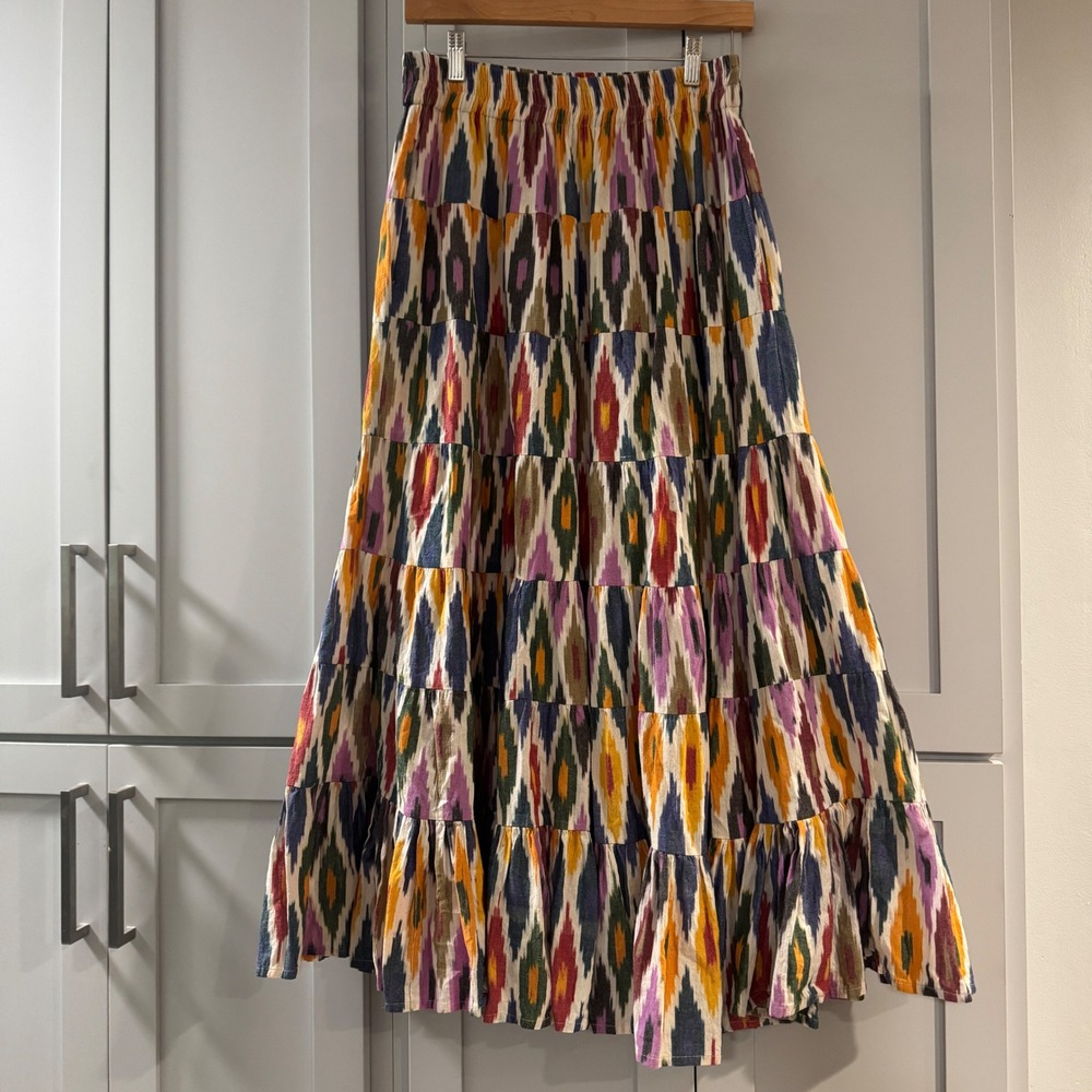 La Plage Womens Multi Color Ikat Print Tiered Cotton Maxi Skirt Medium Boho